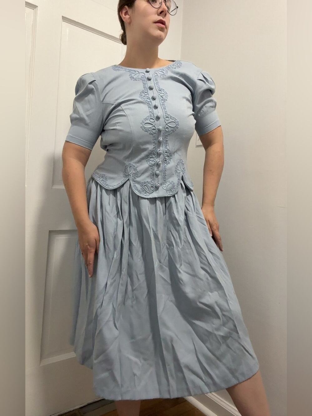 80s blue embroidered midi dress